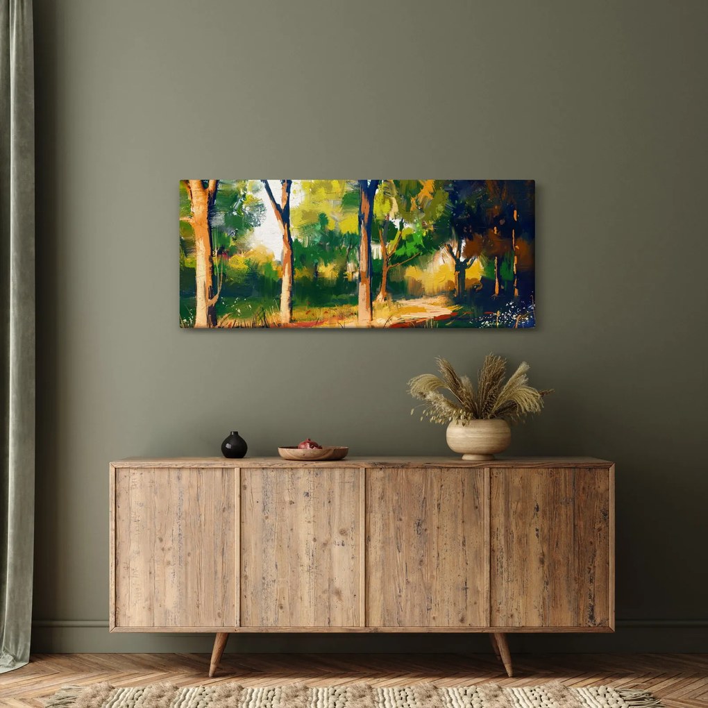 Erdő képe a nyári napsütésben, festmény (120x50 cm)