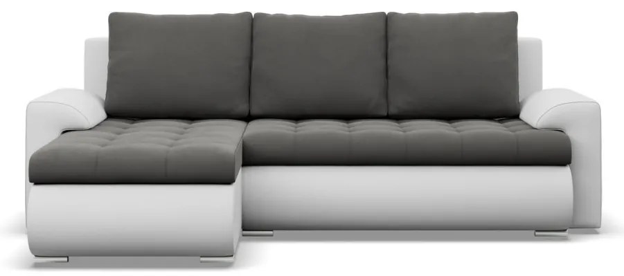 Tokio sarokkanapé, 2 ágyneműtartóval, bársony + műbőr, baloldali, szürke - fehér