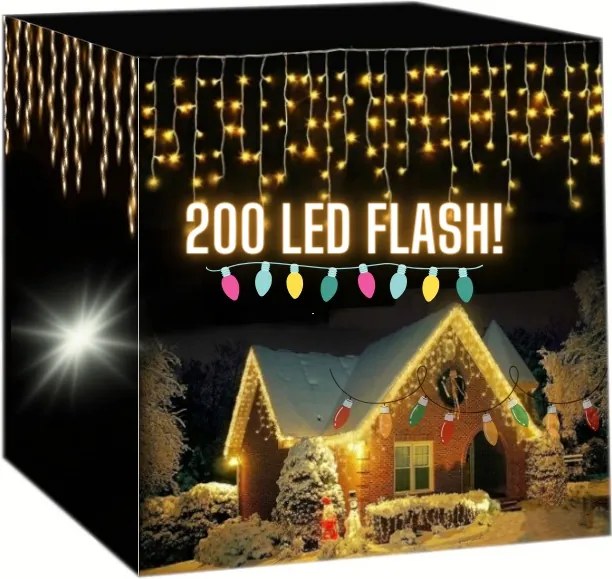 Jégcsap Fényfüggöny Kültéri 200 Led Flash Lámpa Fehér Meleg