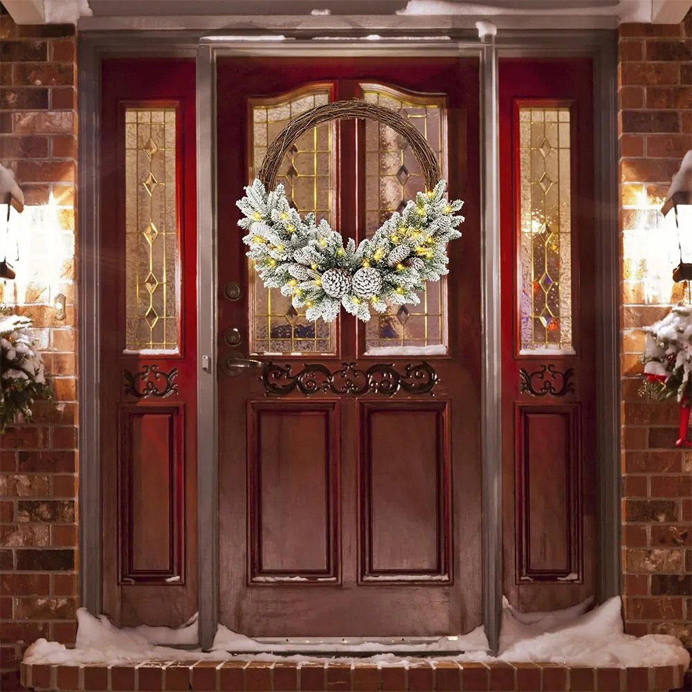 Havas téli koszorú meleg LED-es égővel