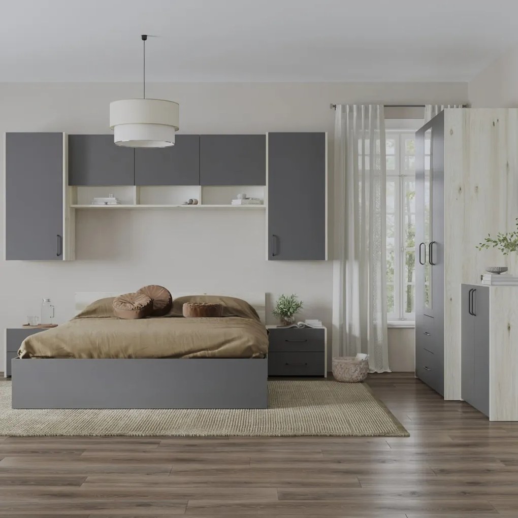 Malmo V14 hálószoba szett 160 x 200 cm-es ággyal, Fehér tölgy / Antracit
