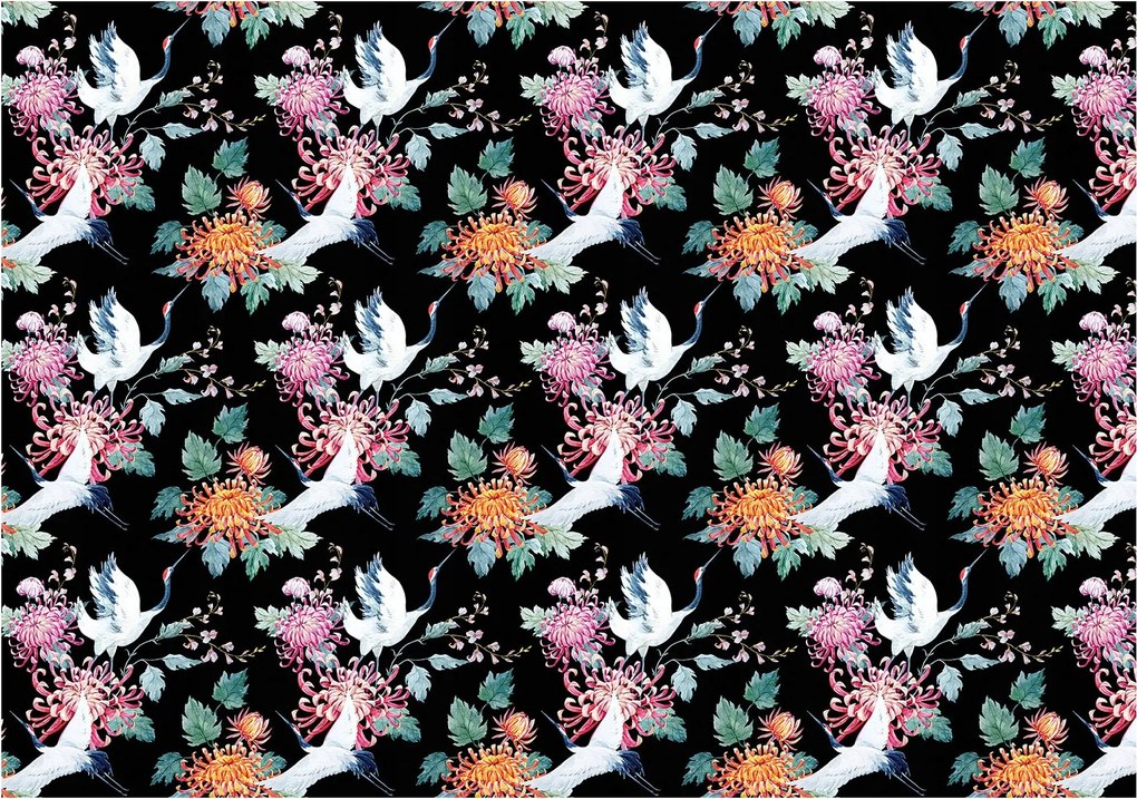 Fotótapéta Darvak és krizantémok fekete háttérrel Japán stílus 350x250 +ragasztó