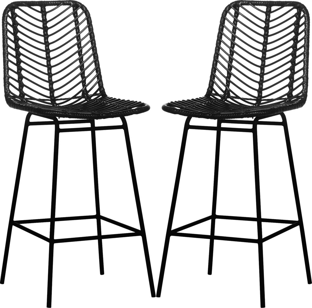 HOMCOM 2 db Bohemian Stílusú Bárszék, 66 cm Magasságú Fém Lábpillantóval és Rattan Háttámlával - Fekete | Aosom
