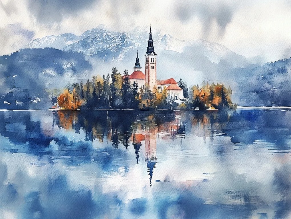 Vászonkép Canvas Tájkép Szlovénia Tó Hibás Sziget Templom 100x75