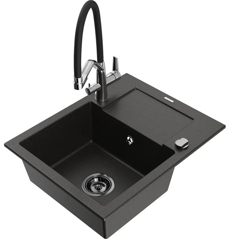 Mexen Enzo gránit mosogató 1 medencés lefolyóval és Duo konyhai keverőcsappal, fekete/arany metál - 6506-75-671701-07-B