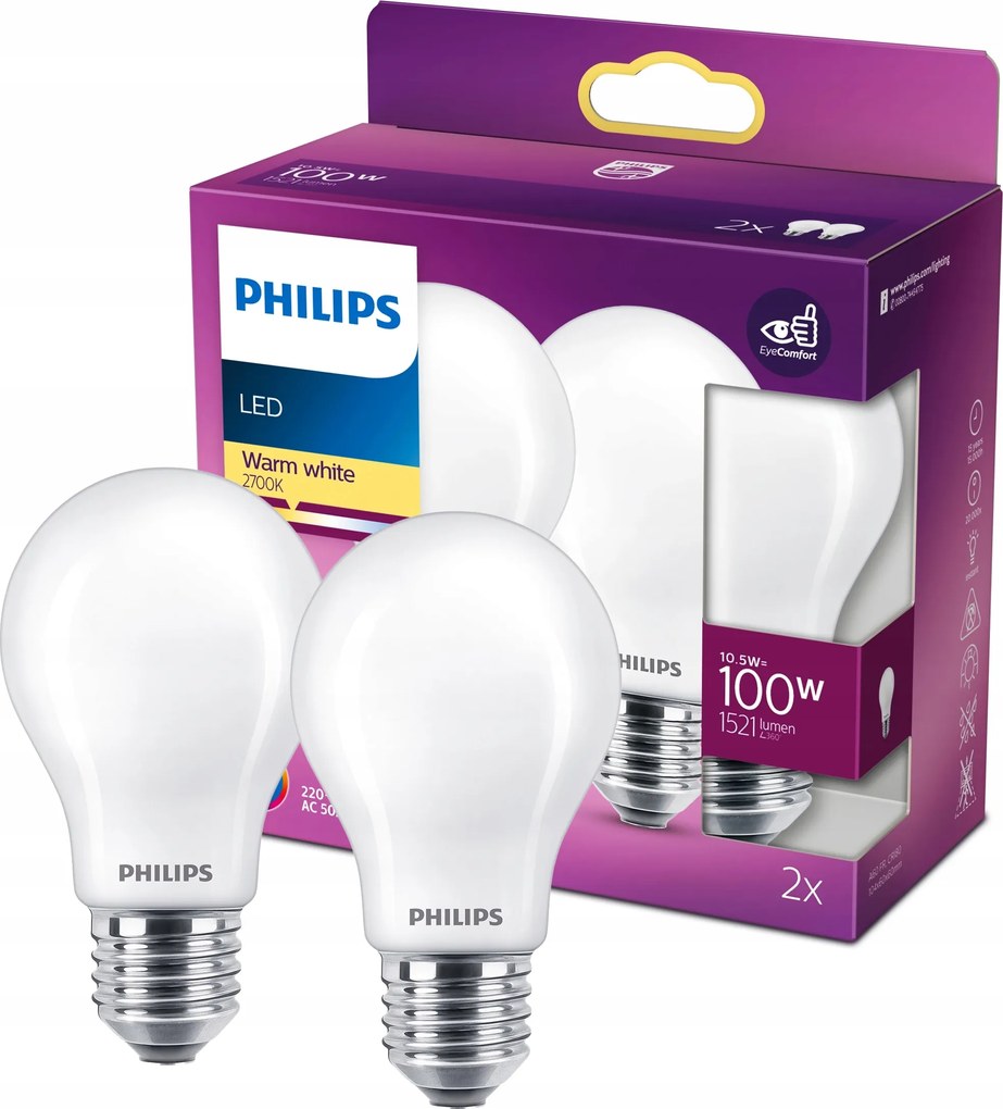 2x Led izzó E27 A60 10.5W 100W 1521lm 2700K Meleg Filament Philips