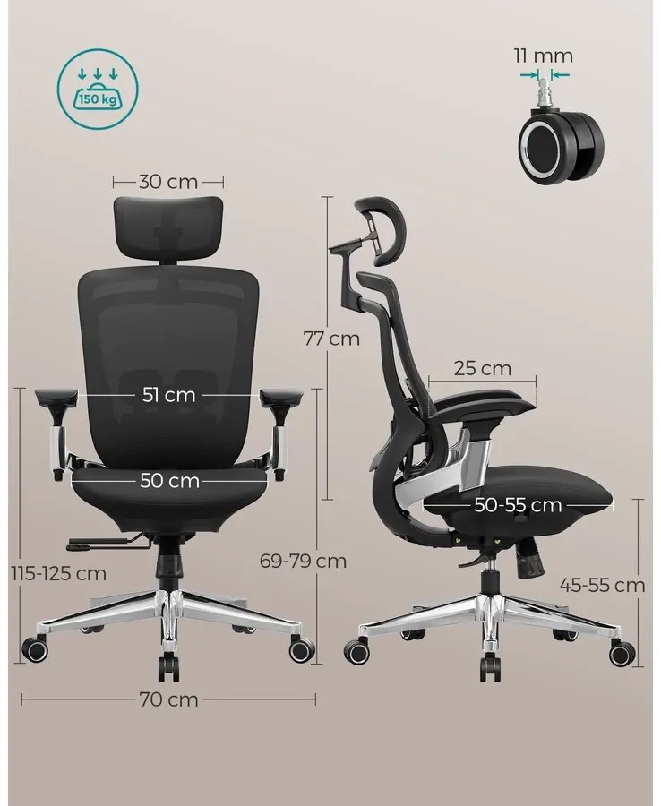 SONGMICS Ergonomikus szék, állítható, dönthető irodai szék, fekete