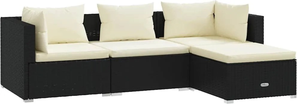 4 részes fekete polyrattan kerti bútorszett párnákkal