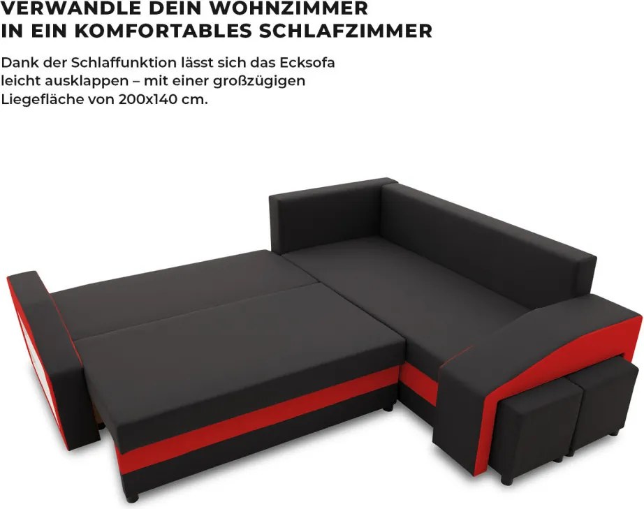 Grande sarokkanapé polcokkal és puffokkal , polc a bal karfaban puffok a jobb karfaban, jobboldali, szövet anyag, bonell töltet, fekete - piros