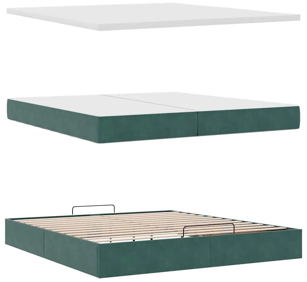 Ottomán ágykeret matraccal sötétzöld 200x200 cm bársony