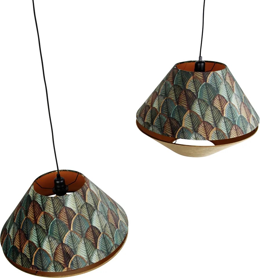 Fekete függőlámpa dupla, bársony lámpabúrával, levélmintával és bézs színű 2-lámpás - Cava Luxe