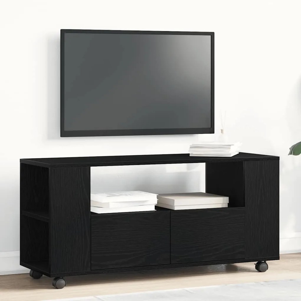 fekete tölgy szerelt fa TV-szekrény kerekekkel 102x34,5x43 cm