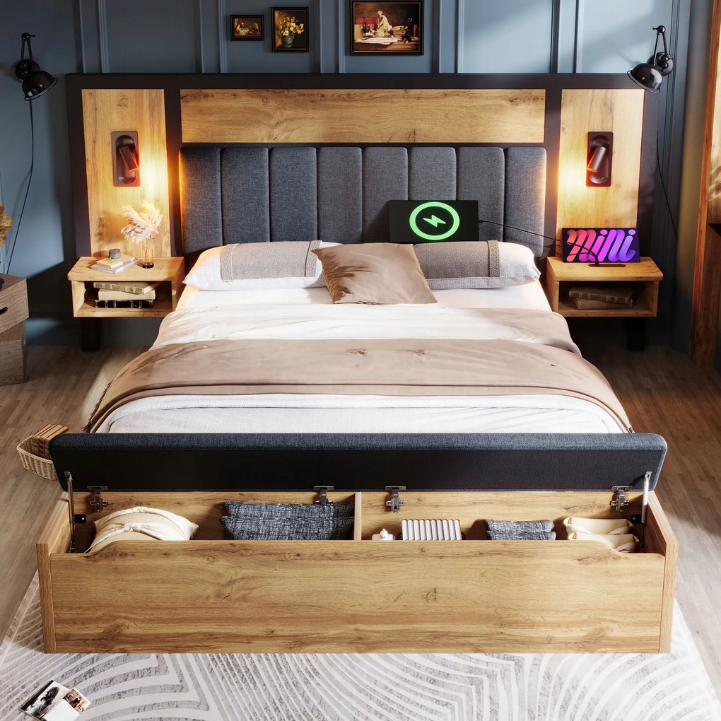 Kétszemélyes ágy Kárpitozott ágy 180×200 cm Lámpa dolgozószoba Usb C tölgy
