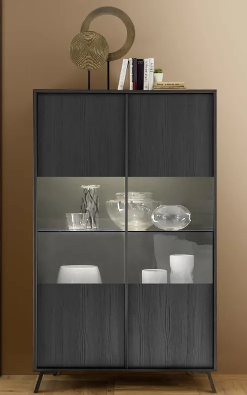 CITY Kétajtós vitrinszekrény, fekete, laminált vázzal és előlapokkal