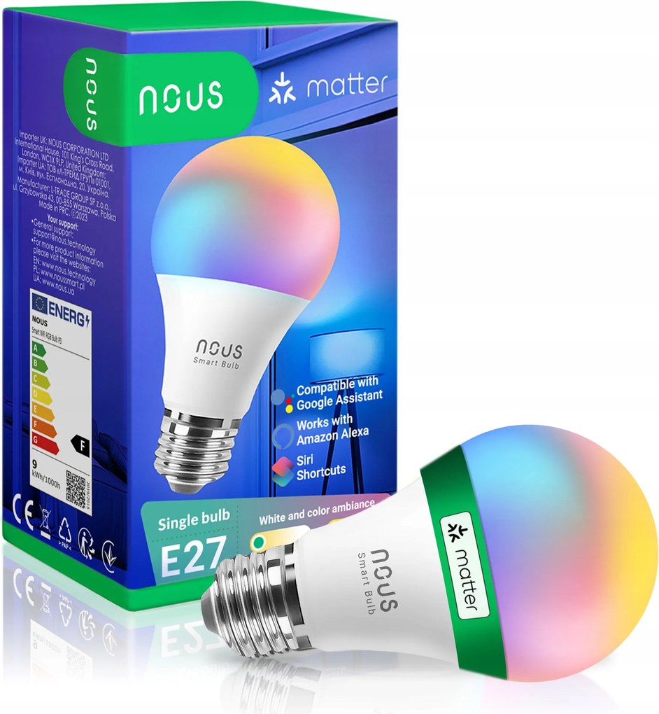 Nous P3 intelligens Wifi Rgb izzó E27, Matterrel kompatibilis
