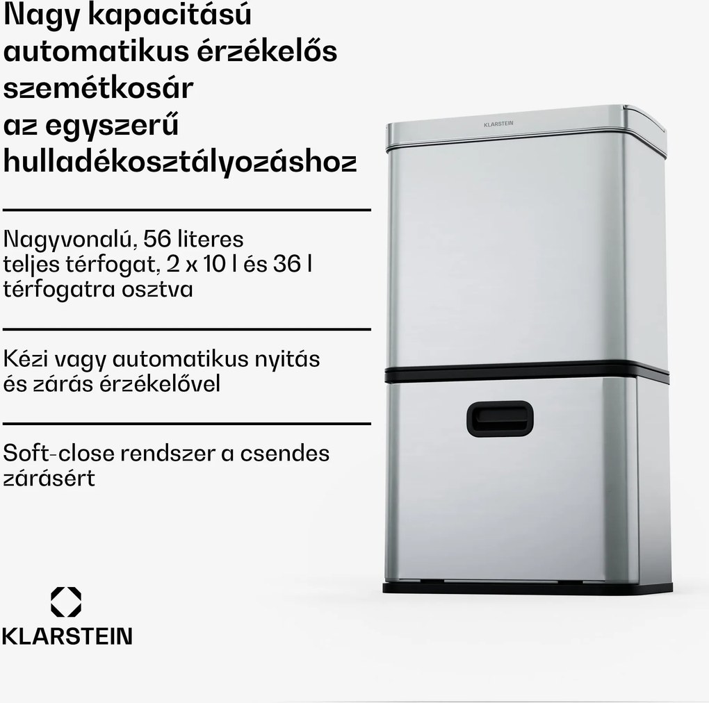 Klarstein Touchless, szenzoros szemétkosár, 56 l, rozsdamentes acélból, 3 kosár, Soft-Close záródás, elemmel működő, LED kijelző, időzítő