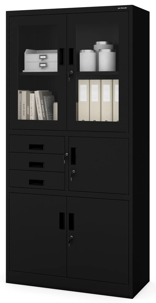 FILIP irodai fémszekrény irattartóval és iratszéffel, 900 x 1850 x 400 mm, fekete színben