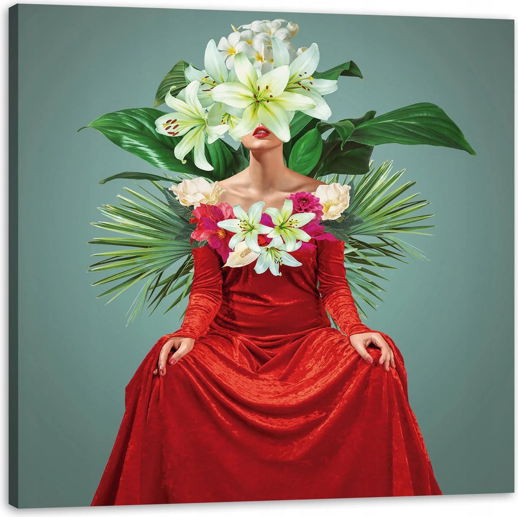 Vászonkép Piros Ruha Nő Virágok 40X40 cm Ideális ajándék