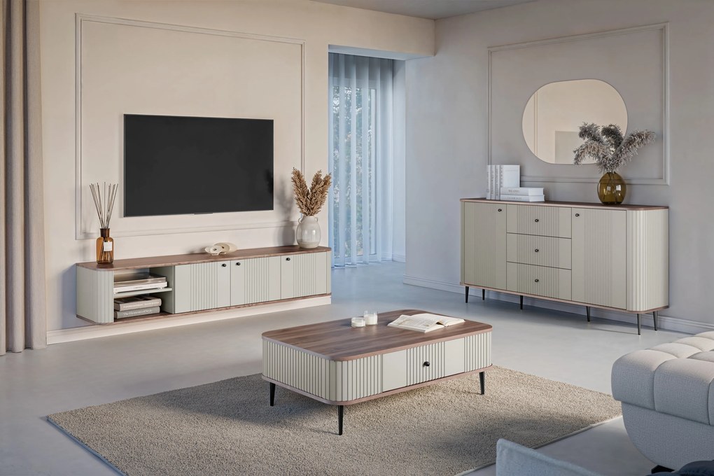 Vesper fali TV szekrény 187 cm háromajtós - kasmír / dió / fekete fogantyú