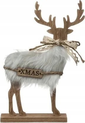 Rénszarvas figura Szőrmével 21,5 cm Fa felirat Xmas