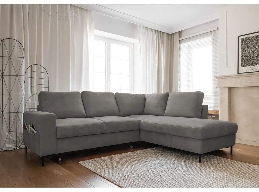 Szürke kordbársony kinyitható sarokkanapé (jobb oldali) Lofty Lilly – Miuform