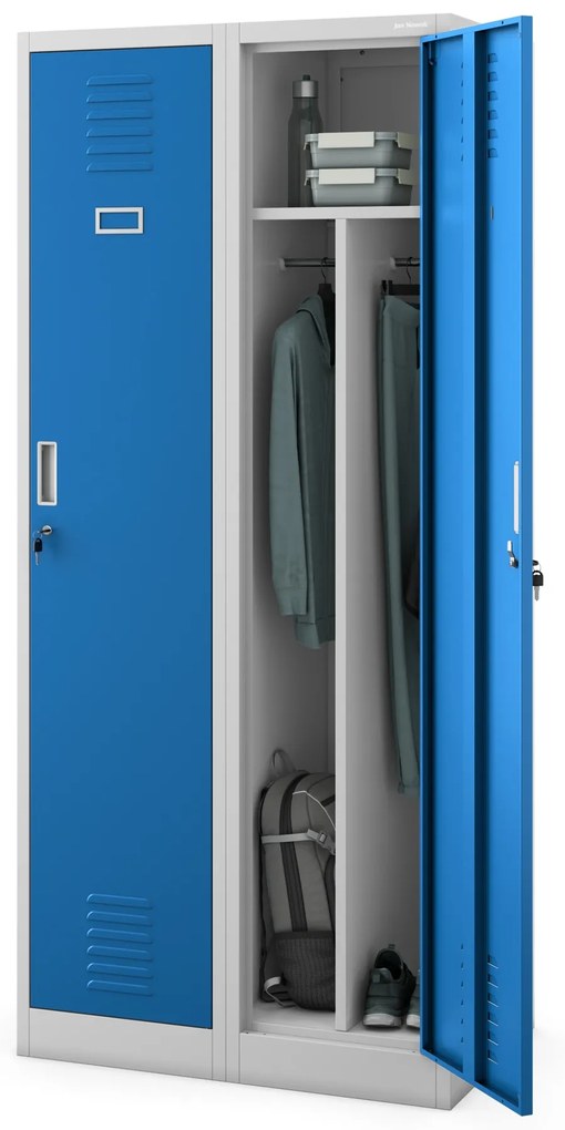 Pléh öltözőszekrény talpazaton, kétmodulos, polccal és köztes fallal KACPER, 800 x 1800 x 500 mm, szürke-kék