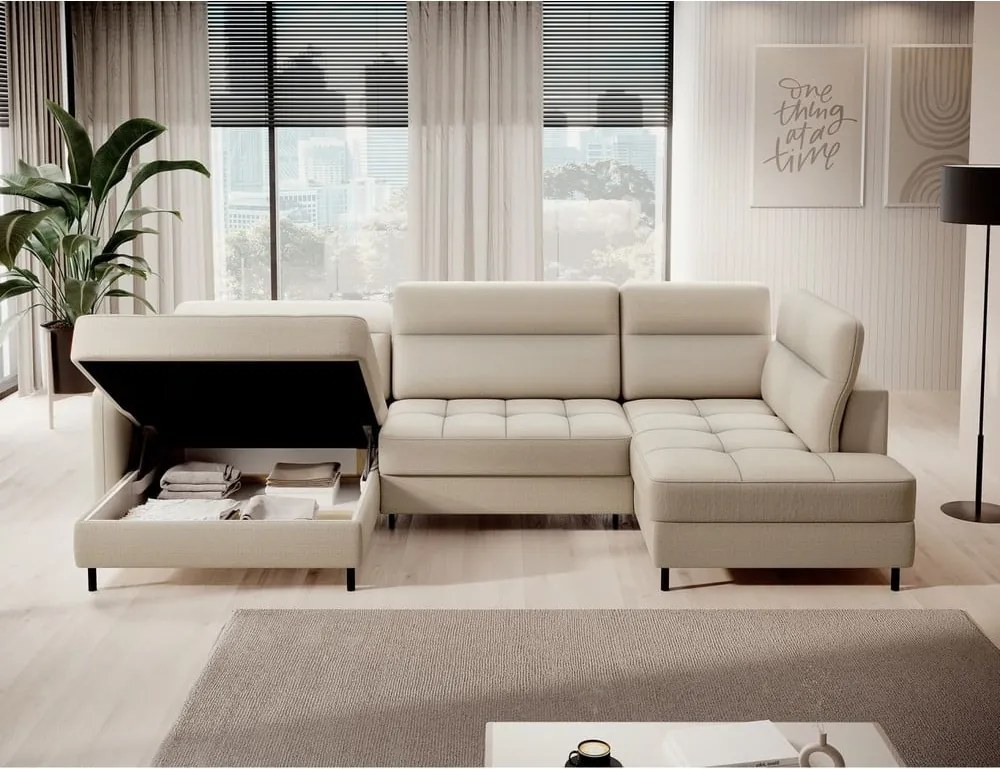 Bézs bársony kinyitható-tárolóhelyes sarokkanapé (jobb oldali-U alakú) Berrto – ELTAP