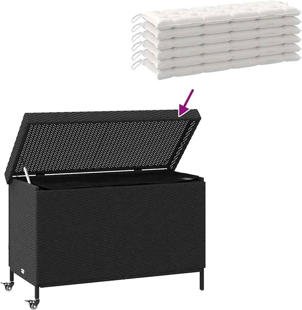 Fekete Polyrattan Kerti Tárolóláda Kerekekkel 110X55X73 Cm