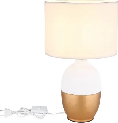 Globo 21627W Asztali lámpa fehér kerámia, arany színű kerámia, fehér textil, fekete PVC kábel, billenőkapcsoló a kábelen, ø: 250mm, M:430mm, kábelhossz 1500mm, nem tartozék: 1x E14 40W 230V