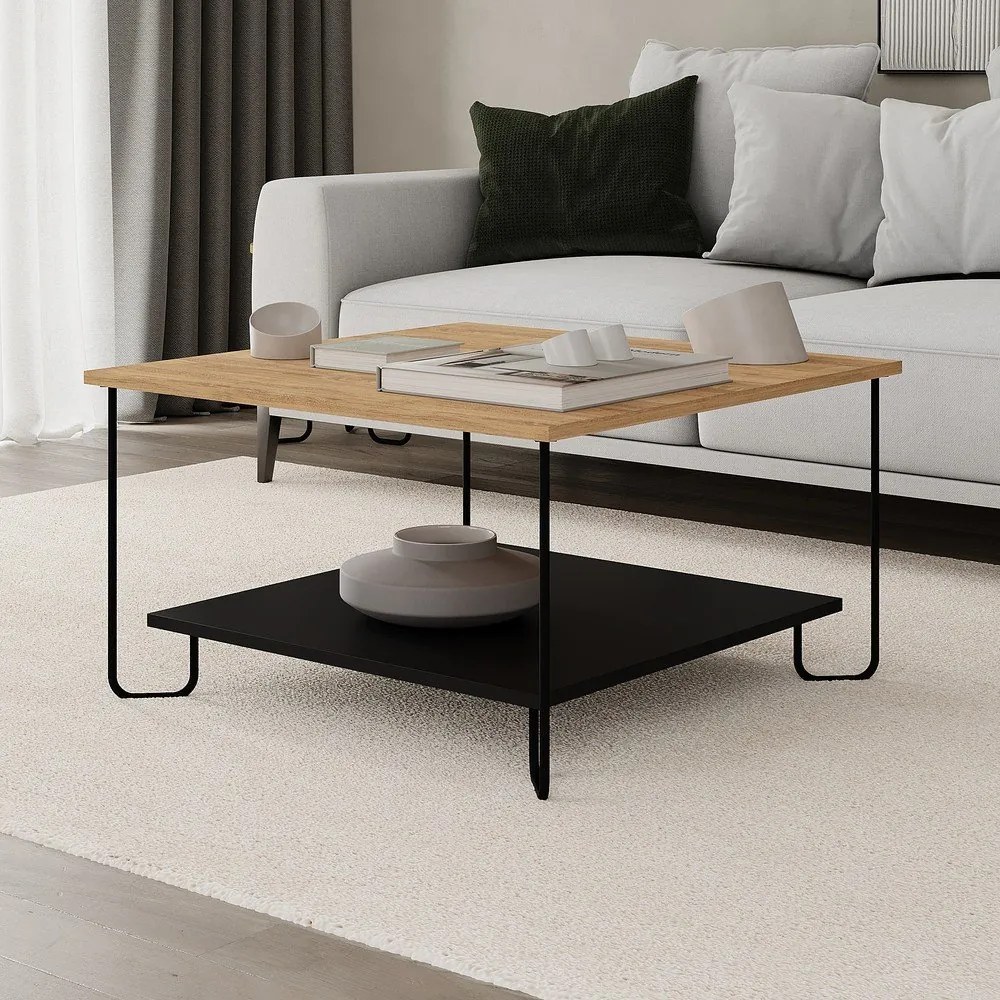 Fekete-natúr színű dohányzóasztal tölgyfa dekoros asztallappal 80x80 cm Tonka – Marckeric