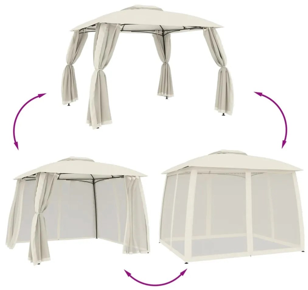 krémszínű acél dupla tetős pavilon hálós falakkal 2,93 x 2,93 m