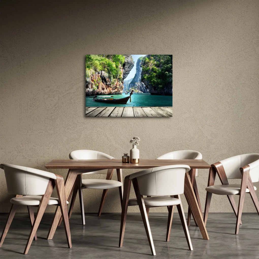 Kép - Víz mediterrán táj csónakkal (70x50 cm)