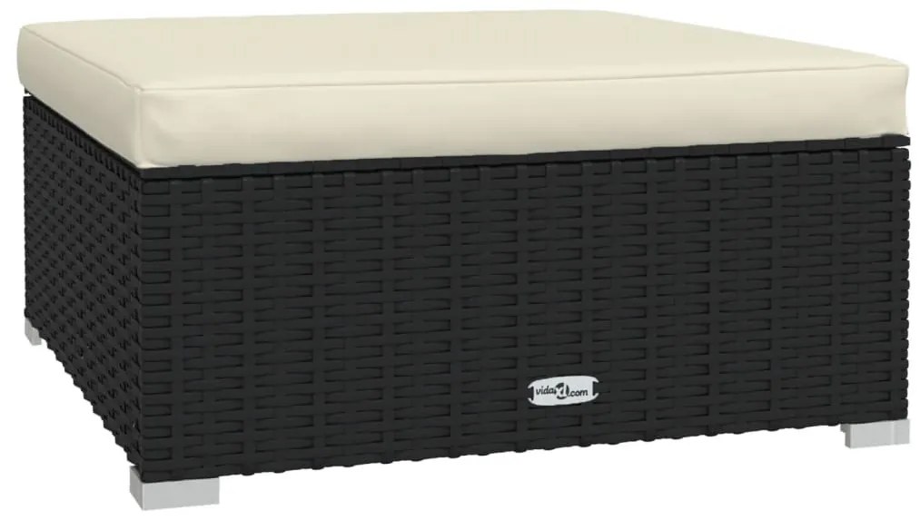 Fekete polyrattan kerti lábtartó párnával 70 x 70 x 30 cm