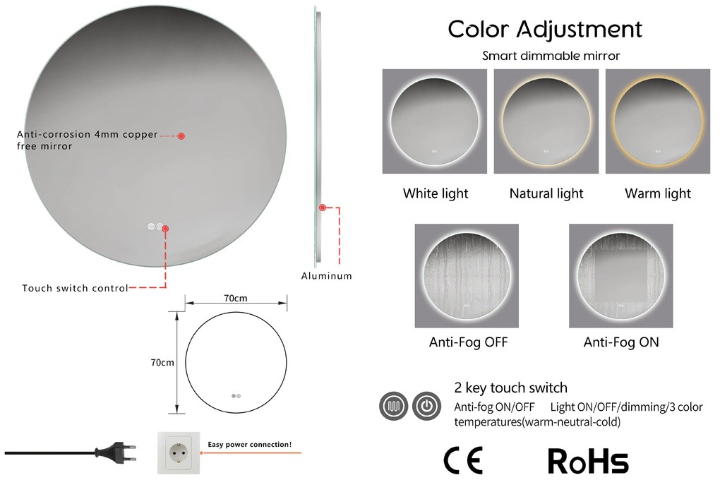 Erga Sofia, kerek LED tükör 70cm páramentes fűtőbetéttel, ERG-V01-207-7070