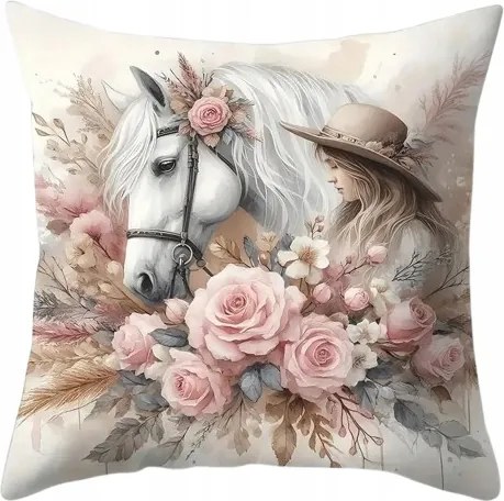 Romantikus Párnahuzat Ló Virágok Párnahuzat Fehér Ló Retro Stílus 45x45