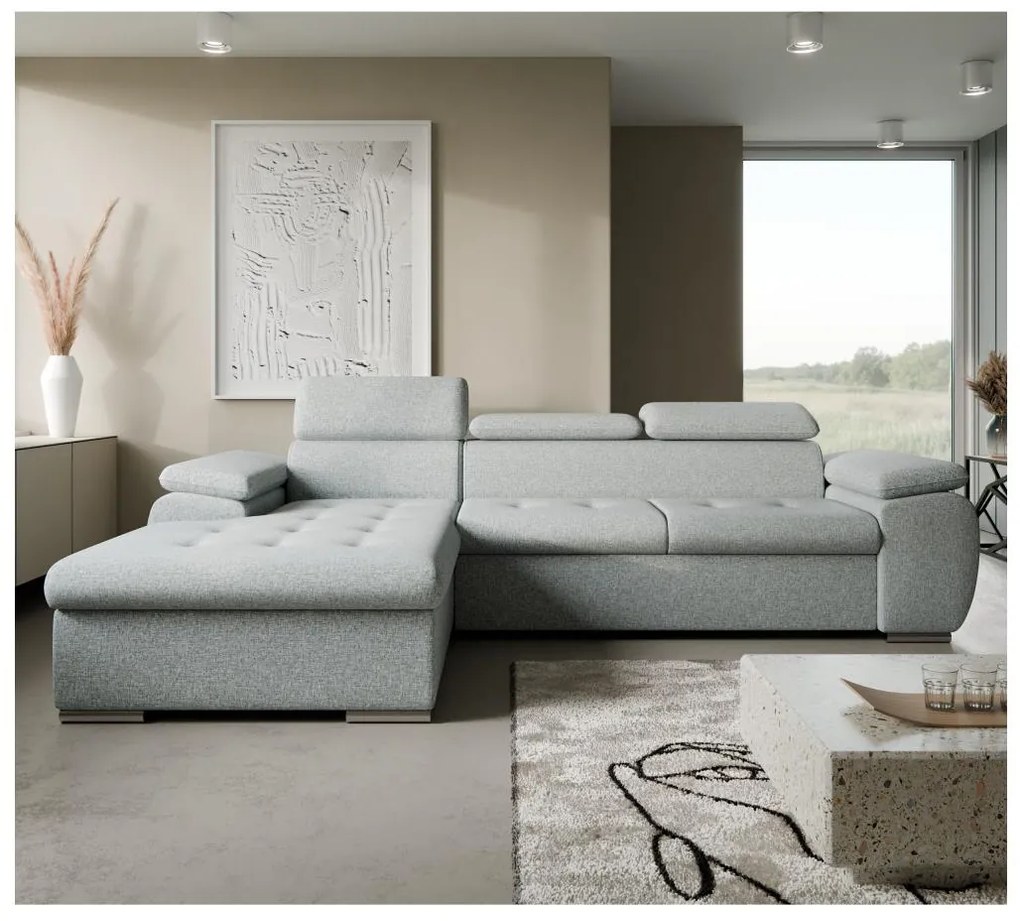 Ággyá nyitható L-alakú sarok ülőgarnitúra tárolóval PADUA szürke balos