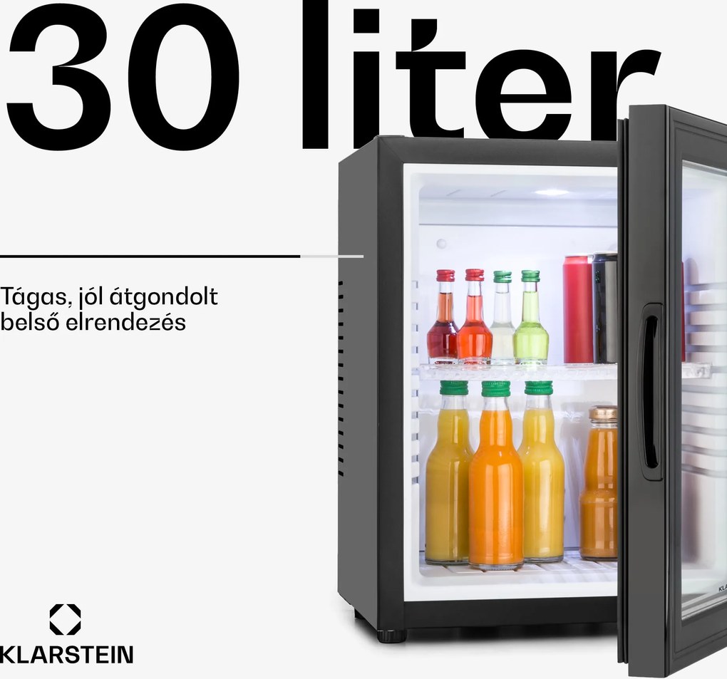 Klarstein Brooklyn minibár, 30 liter, F energiahatékonysági osztály, fekete, üveg