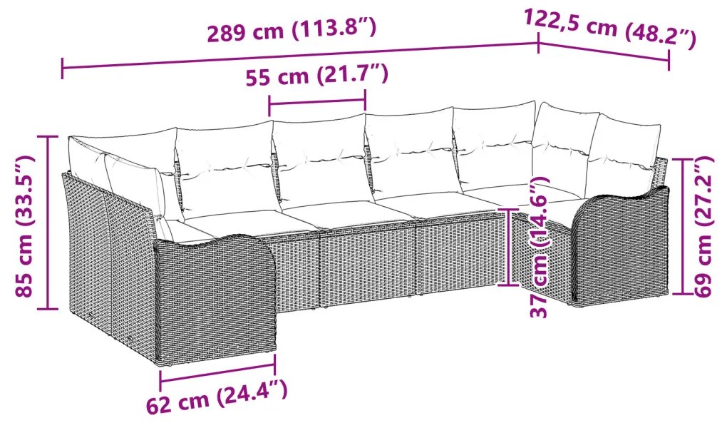 7 darabos kertkanapé szett párnákkal szürke poli rattan, 2 személyes kertkanapé párnákkal szürke poli rattan