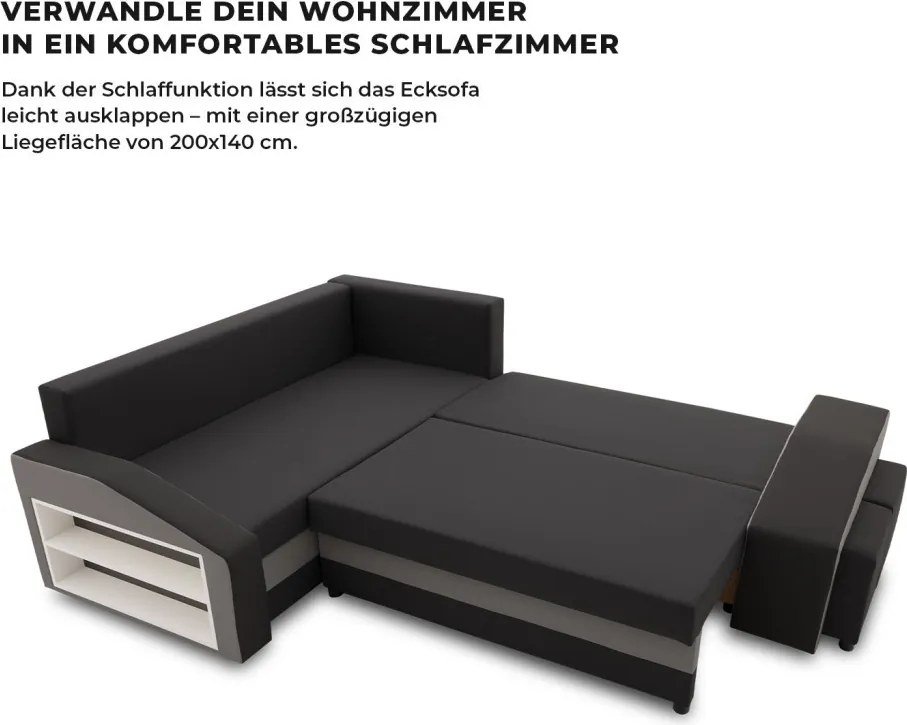 Grande sarokkanapé polcokkal és puffokkal , polc a bal karfaban puffok a jobb karfaban, baloldali, szövet anyag, hab töltet, fekete - szürke