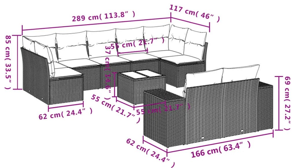 10 részes barna polyrattan kerti ülőgarnitúra párnákkal