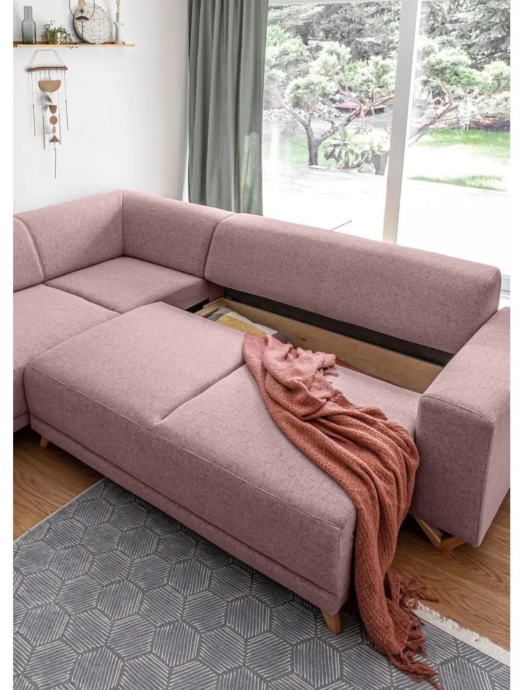 Rózsaszín kinyitható-tárolóhelyes sarokkanapé (bal oldali-L alakú) Classy Sophie – Miuform