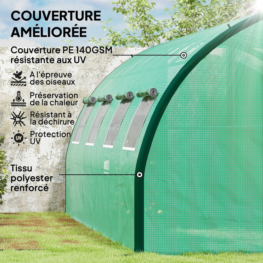 Outsunny Kert Tunneles Üvegház, Tunneles Üvegház 18 m², 8 ablakkal és 2 nyitható ajtóval, PE borítással, megerősített galvanizált vas szerkezet, 6 x 3