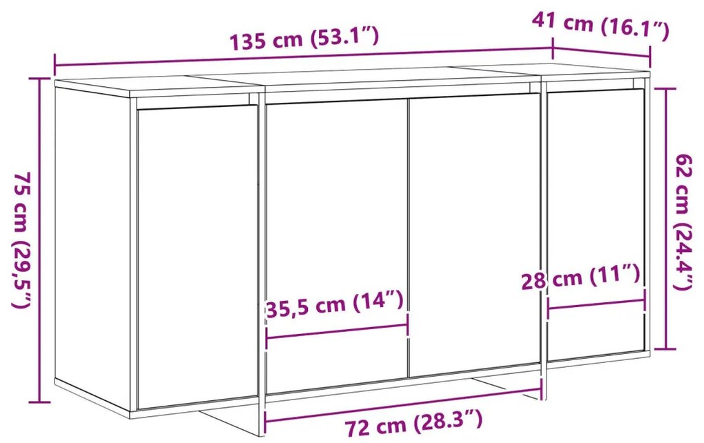 Beton Szürke Oldalszekrény Beton szürke Mérnöki fa 135 x 41 x 75 cm