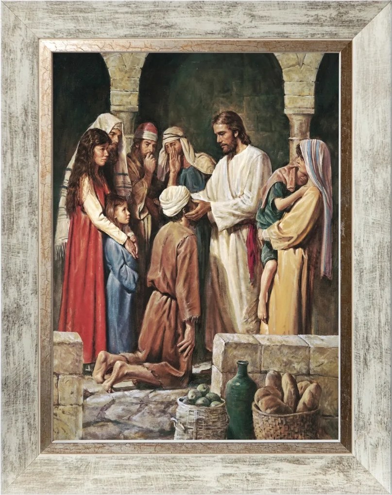 Jézus Gyógyító Szakrális Vászonkép Fehér Díszített Keretben 30X40