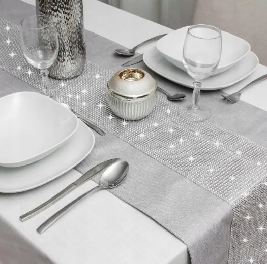 Asztalterítő Szürke Glamour fényes Cirkóniákkal 40x220 hosszú