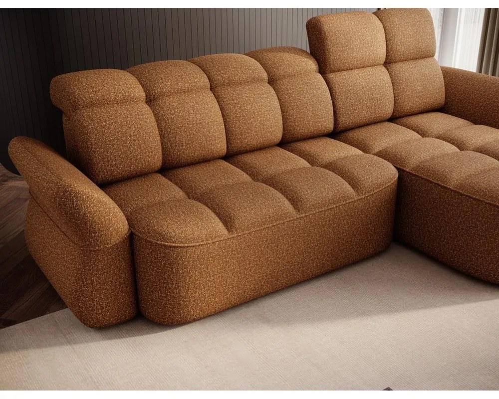 Sárga-barna bársony kinyitható-tárolóhelyes sarokkanapé (jobb oldali-heverő résszel) Beneth – ELTAP