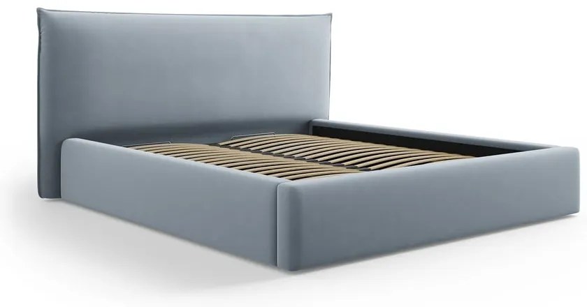 Világoskék kárpitozott ágyneműtartós franciaágy ágyráccsal 180x200 cm Elio – Milo Casa