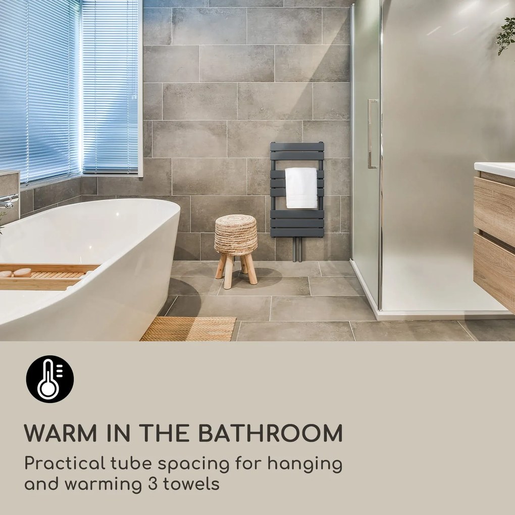 Blumfeldt Fairmont, radiátor, 80 x 45, 375 W, meleg víz, 3 törölközőtartó, 1/2