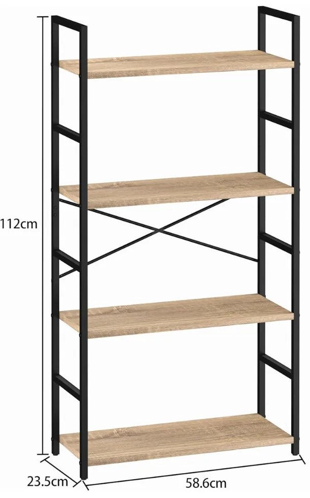 Nyitott könyvespolc, tároló állvány fém lábakkal | 4 szintes aranytölgy | 59x112cm Intenso
