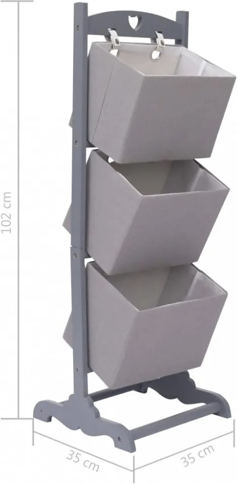 3 szintes sötétszürke fa kosárállvány 35 x 35 x 102 cm